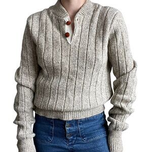 Vintage Mens 1970s Beige Chunky Knit Wool Blend Fisherman Henley Sweater Sz L